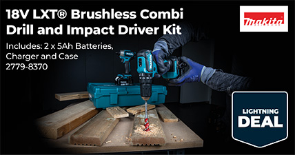 18V Brushless Combi Drill and Impact Driver Kit, Includes: 2 x 5Ah Batteries, Charger and Case, 2779-8370, Makita, Lightning Deal
